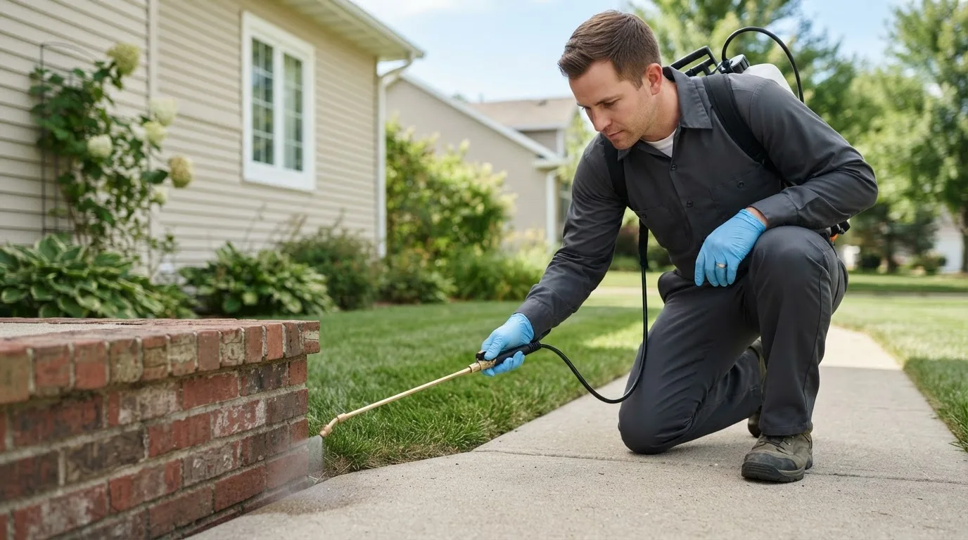 Pest control technician treating a home near Emory, TX